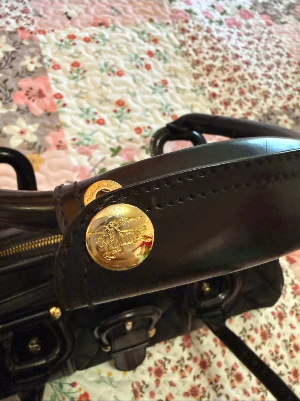 🐎 BURBERRY 🐎 BLACK QUILTED NYLON AND PATENT LEATHER MANOR SATCHEL AUTHENTIC